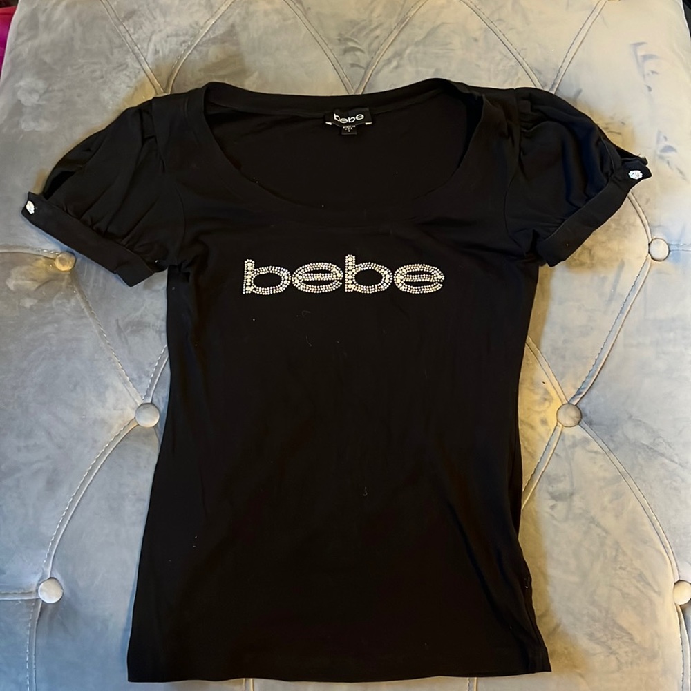 Bebe bling logo rhinestone black top size S